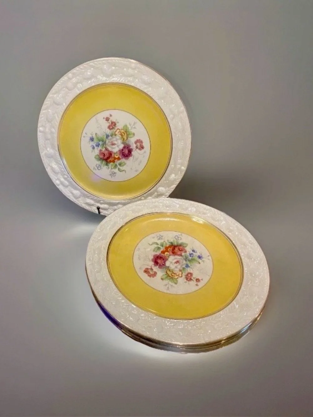 Adams Titan Ware Floral Center Dinner Plates 11 Gold Embossed Rim Set of 4 EUC